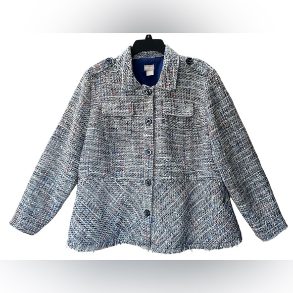 Chico's Jackets & Blazers - Chicos Blue Tweed Jacket Blazer Raw Hem Button Front Size 16/18 Chicos Sz 3